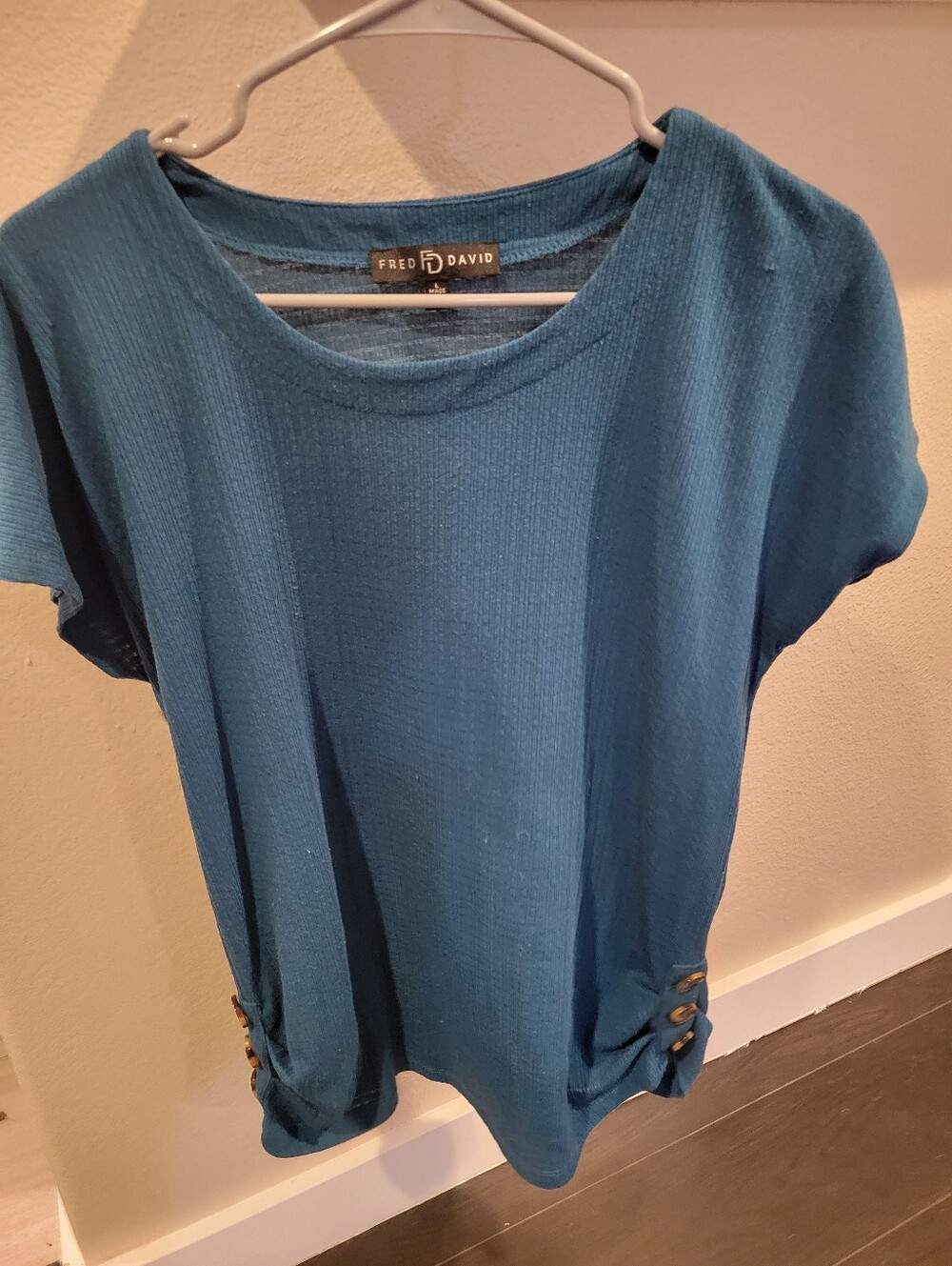 Fred David Teal Short Sleeve Knit Top with Side Button Detail